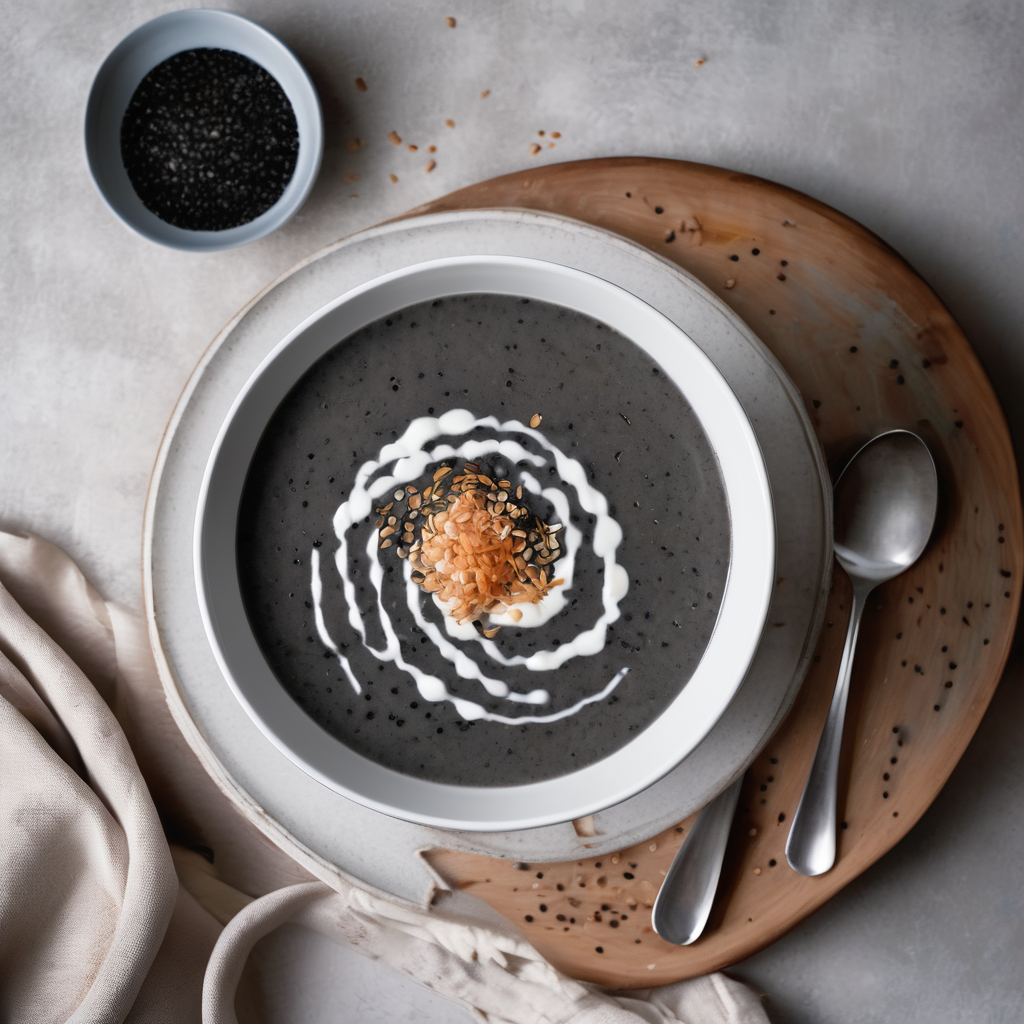 A bowl of creamy black sesame soup with a rich dark gray color and smooth, velvety texture, served in a white ceramic bowl, garnished with a few black sesame seeds on top and a drizzle of coconut milk creating an elegant swirl pattern, photographed from above on a clean wooden table with soft natural lighting, food photography style