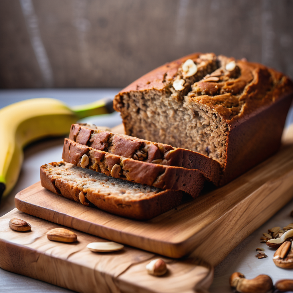 A golden-brown homemade banana bread loaf sliced on a wooden cutting board, with visible banana pieces and nuts, warm natural lighting, rustic kitchen setting, appetizing close-up, food photography style