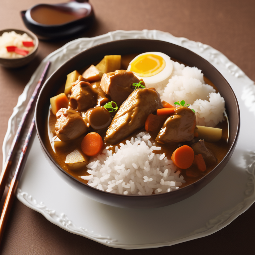 "Japanese curry rice (kare-raisu) with tender chicken, potatoes, and carrots in thick brown curry sauce served over white rice in a white bowl, chopsticks beside, warm lighting, food photography"