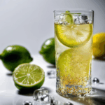 Australian lemon lime bitters (LLB) drink in tall glass with ice, lime wedge garnish, fizzy clear liquid with dark bitters spots on surface, condensation on glass, bright lighting
