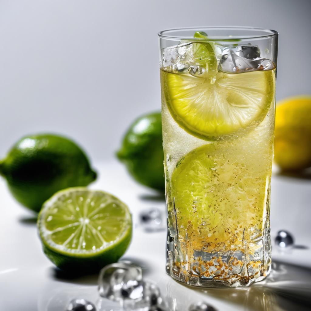 Australian lemon lime bitters (LLB) drink in tall glass with ice, lime wedge garnish, fizzy clear liquid with dark bitters spots on surface, condensation on glass, bright lighting