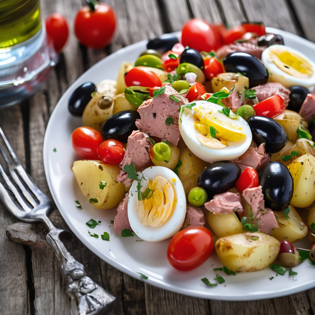 A vibrant Mediterranean potato salad served on a rustic white ceramic platter, featuring golden cubed potatoes mixed with bright red diced tomatoes, dark purple-black olive slices, flaked tuna, chopped hard-boiled eggs, and diced green bell peppers. The salad is garnished with small capers and tiny cubes of preserved lemon, drizzled with golden olive oil that glistens in natural sunlight. Fresh green lettuce leaves line the edges of the platter. The setting is outdoors on a weathered wooden table with a soft-focus Mediterranean coastal background, warm golden hour lighting, food photography style, shot from a 45-degree angle, appetizing and colorful composition.