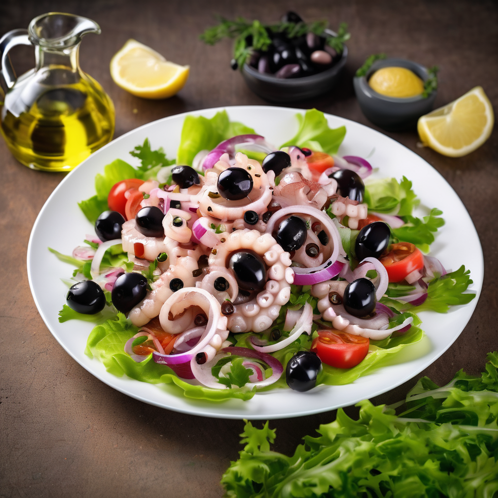 "Octopus salad with strips of tender cooked octopus, diced tomatoes, red onions, fresh parsley on lettuce leaves, garnished with black olives and lemon wedges, drizzled with olive oil, professional food photography, white plate, natural lighting Top-down view Restaurant-quality presentation with glistening olive oil and bright green herbs contrasting against the pale octopus and red tomatoes."